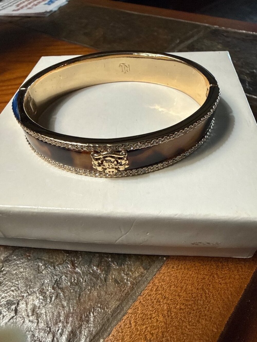 Ralph Lauren Gold Tone Tortoiseshell Bangle Bracelet Rhinestone Trim RL Crest NW